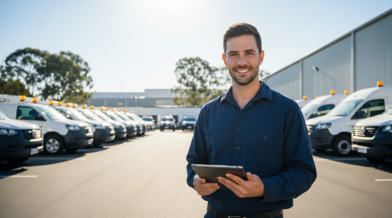 fleet maintenance technician recording data about his pool of vehicles