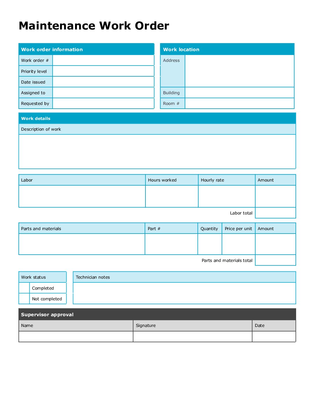 Maintenance Work Order Form Template