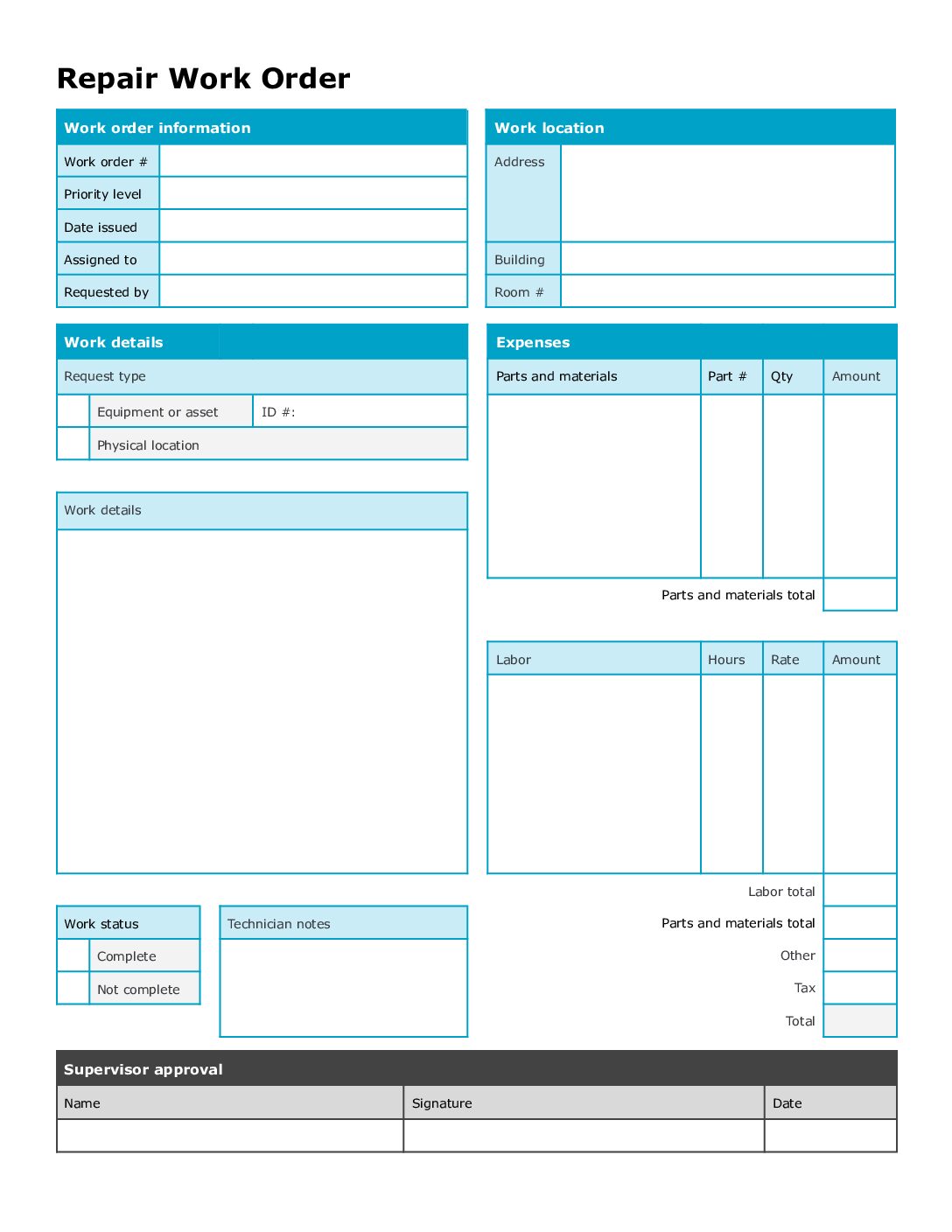 Repair Work Order Request Template