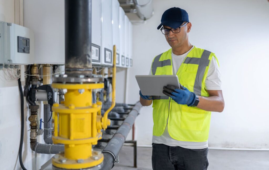 A maintenance tech reads a work order on a tablet.