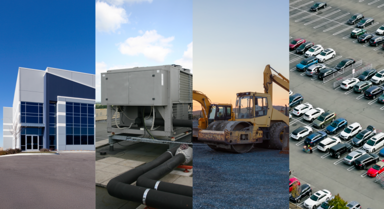 Fixed asset management involves the management of assets pictured here like buildings, HVAC systems, construction equipment, and parking lots.