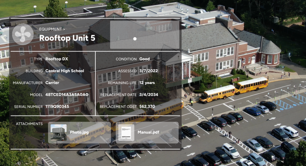 A school building with buses out front overlaid with fixed asset information about equipment, specifically a rooftop air conditioning unit.
