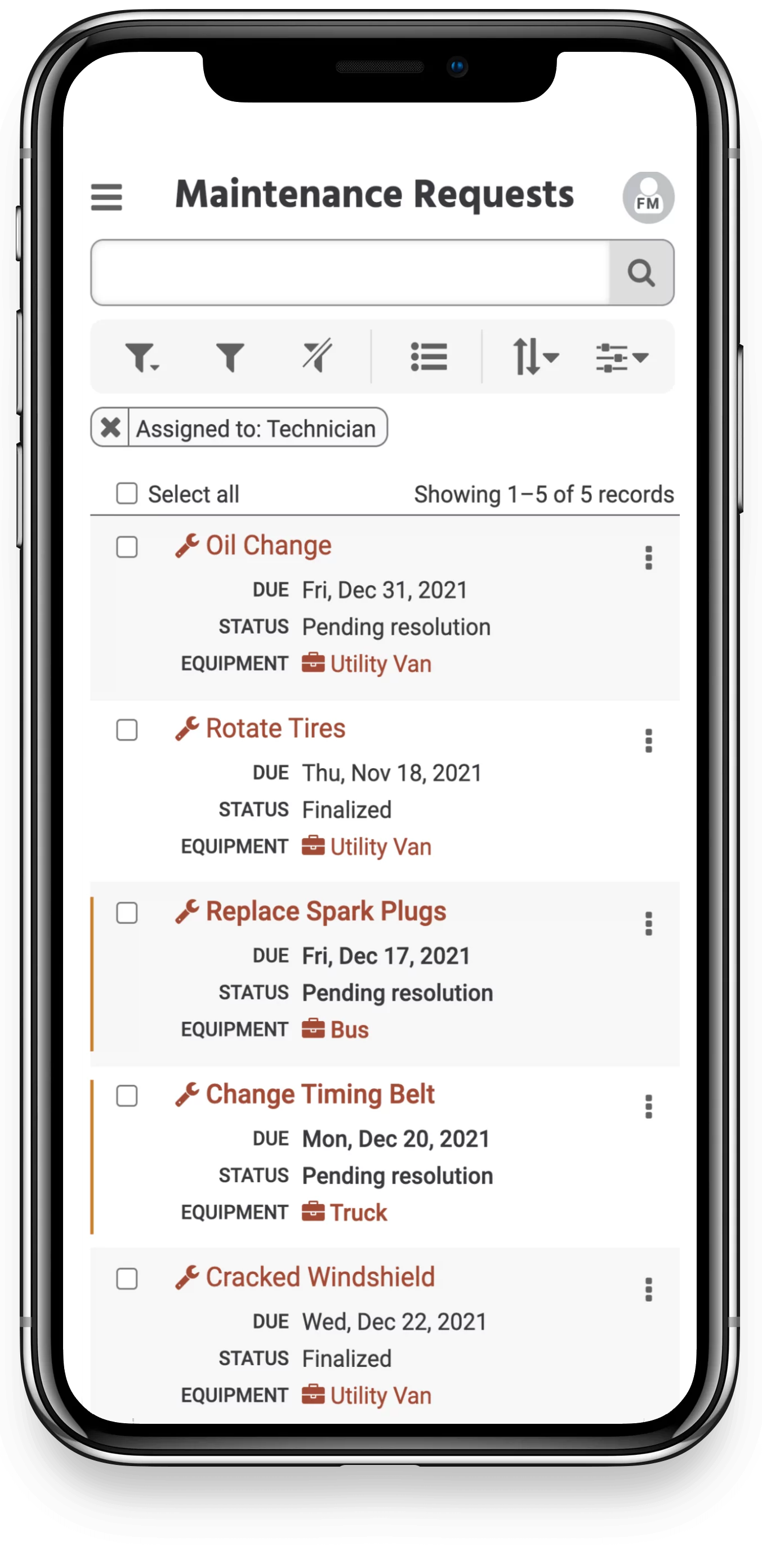 mobile fleet maintenance software list screen can include tasks like