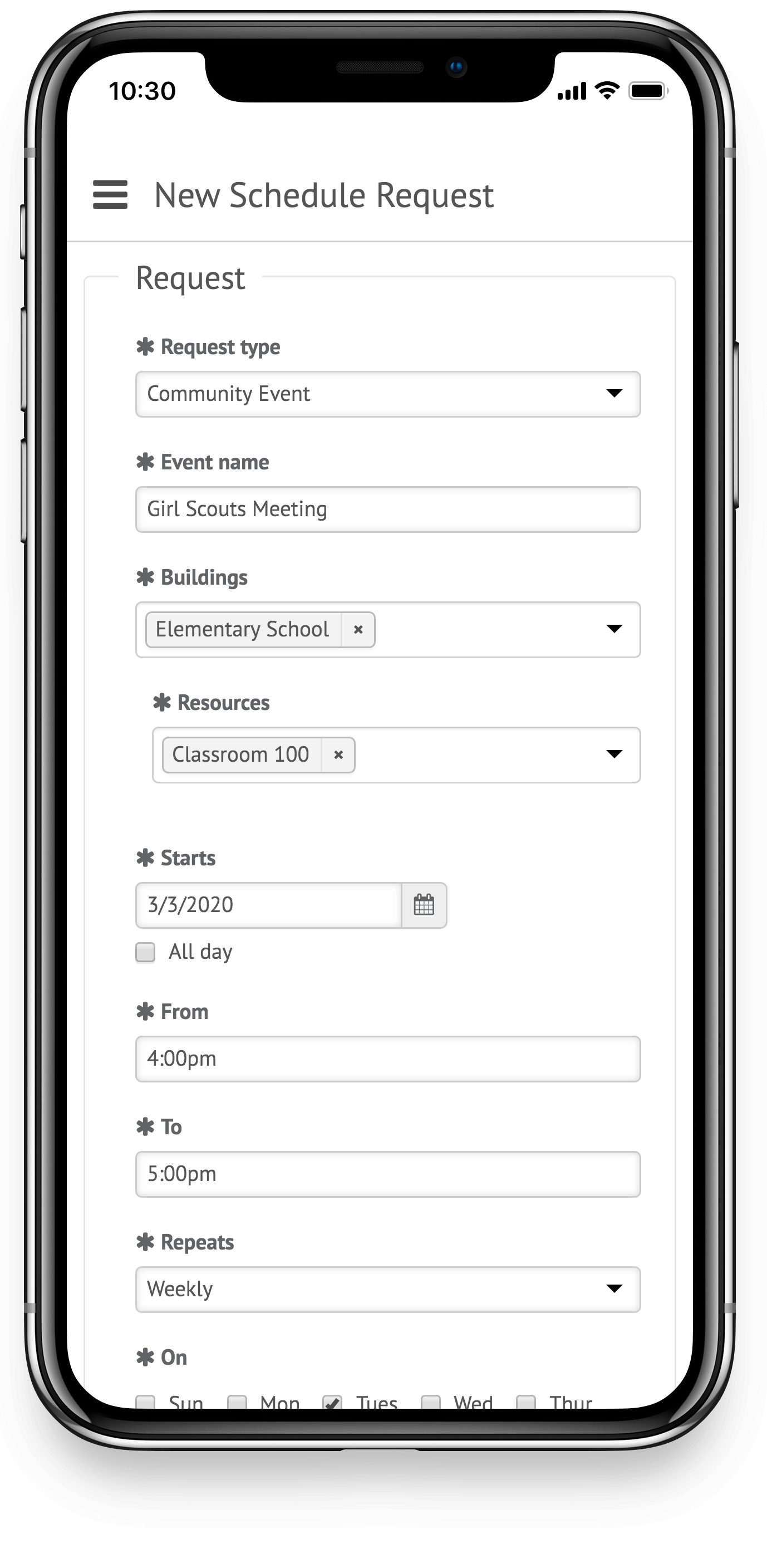 event schedule request mobile screenshot